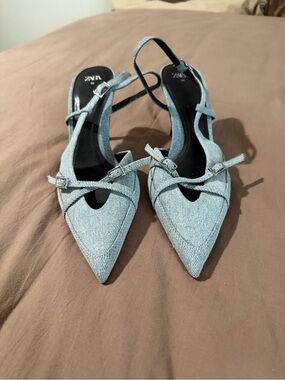 ZARA Light Blue Denim Pointed Slingback Heels with Cross Straps
